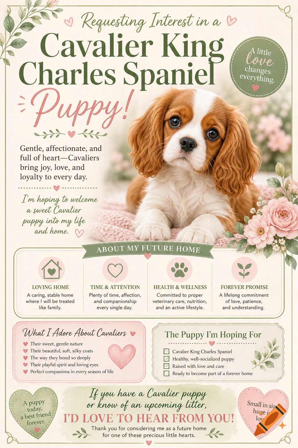 A detailed, decorative poster featuring a cute Cavalier King Charles Spaniel puppy surrounded by pink flowers and green leaves, with text about finding a loving home for the puppy.