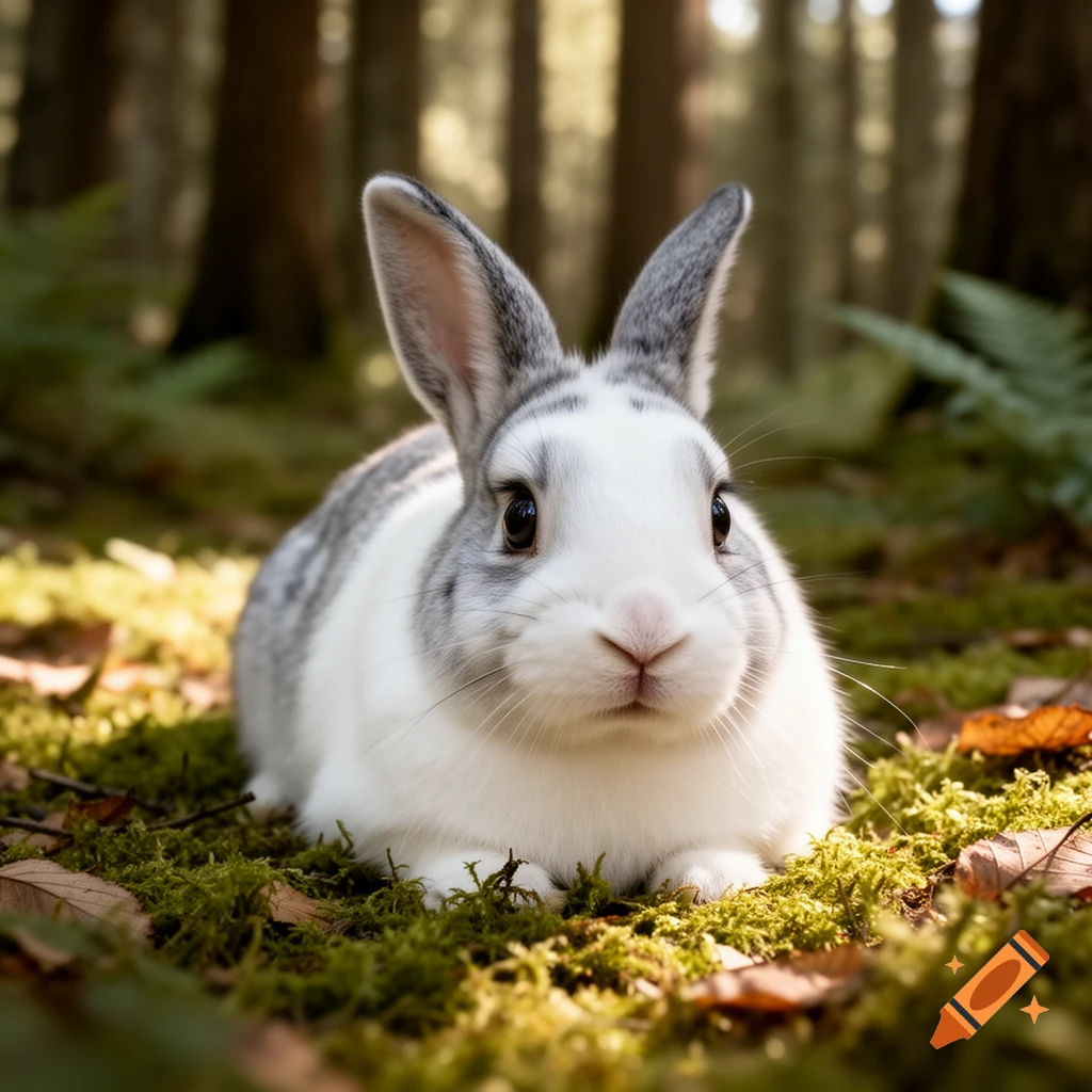 A fluffy white and gray rabbit sits on mossy forest ground, bathed in sunlight.