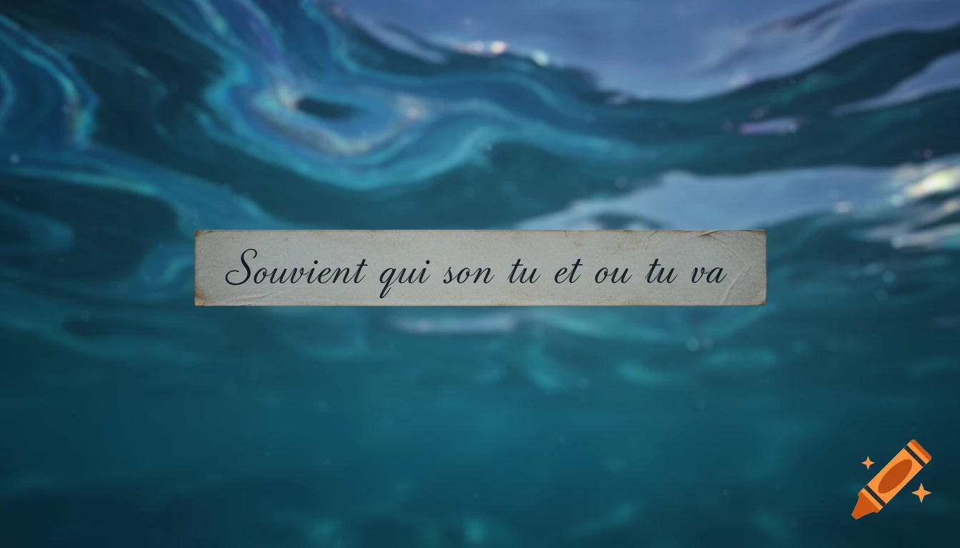 A strip of old paper with the text 'Souvient qui son tu et ou tu va' floating on dark blue water.