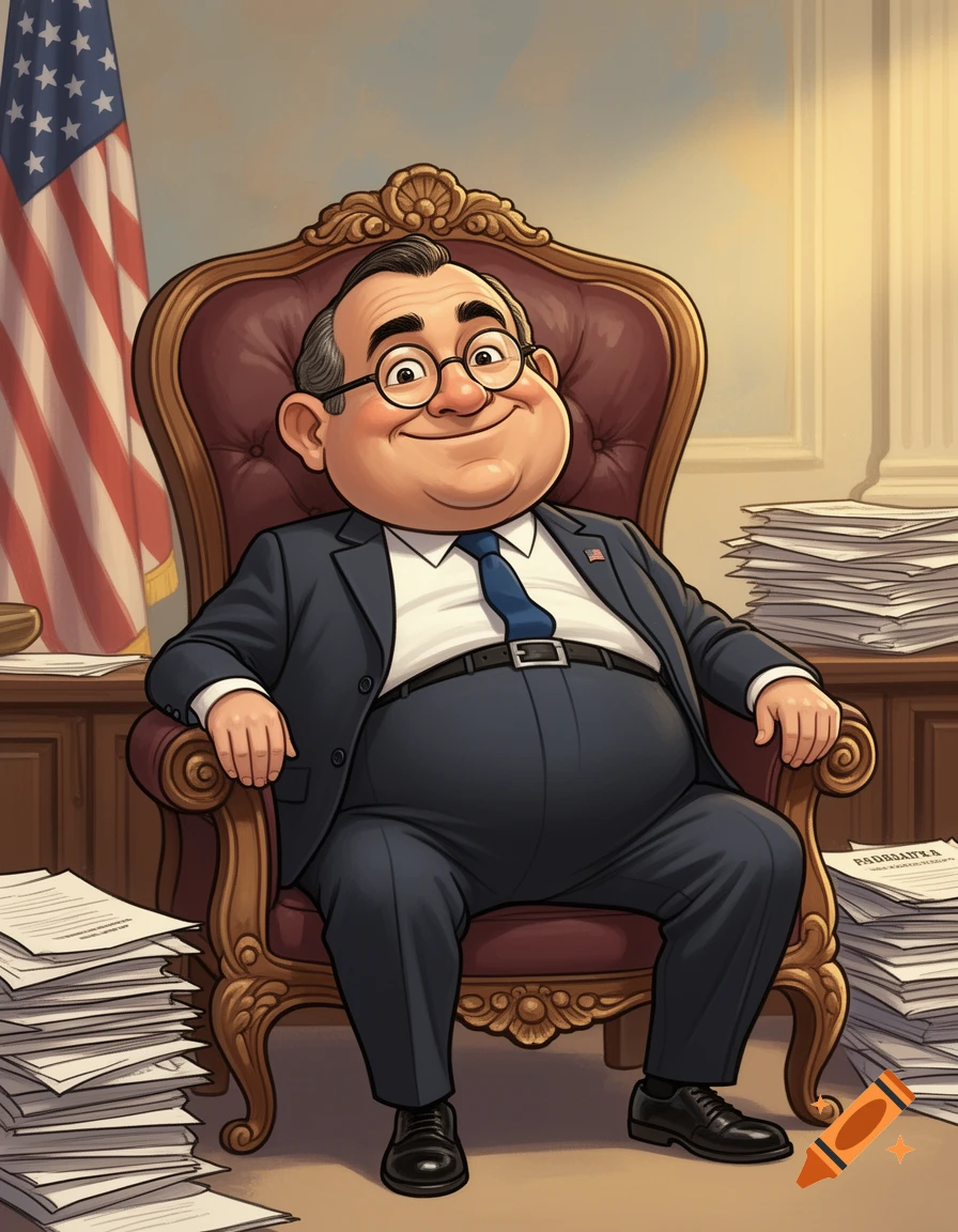 A portly cartoon man in a suit and glasses smiles, sitting in an ornate chair with an American flag in the background, surrounded by stacks of paper.