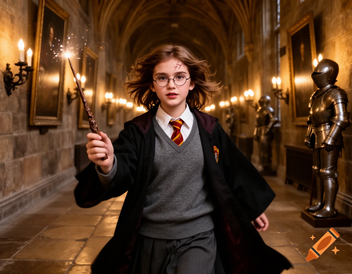 Photorealistic image of a young girl dressed as Harry Potter, with glasses and a lightning scar, holding a sparkling magic wand in a grand castle hallway.