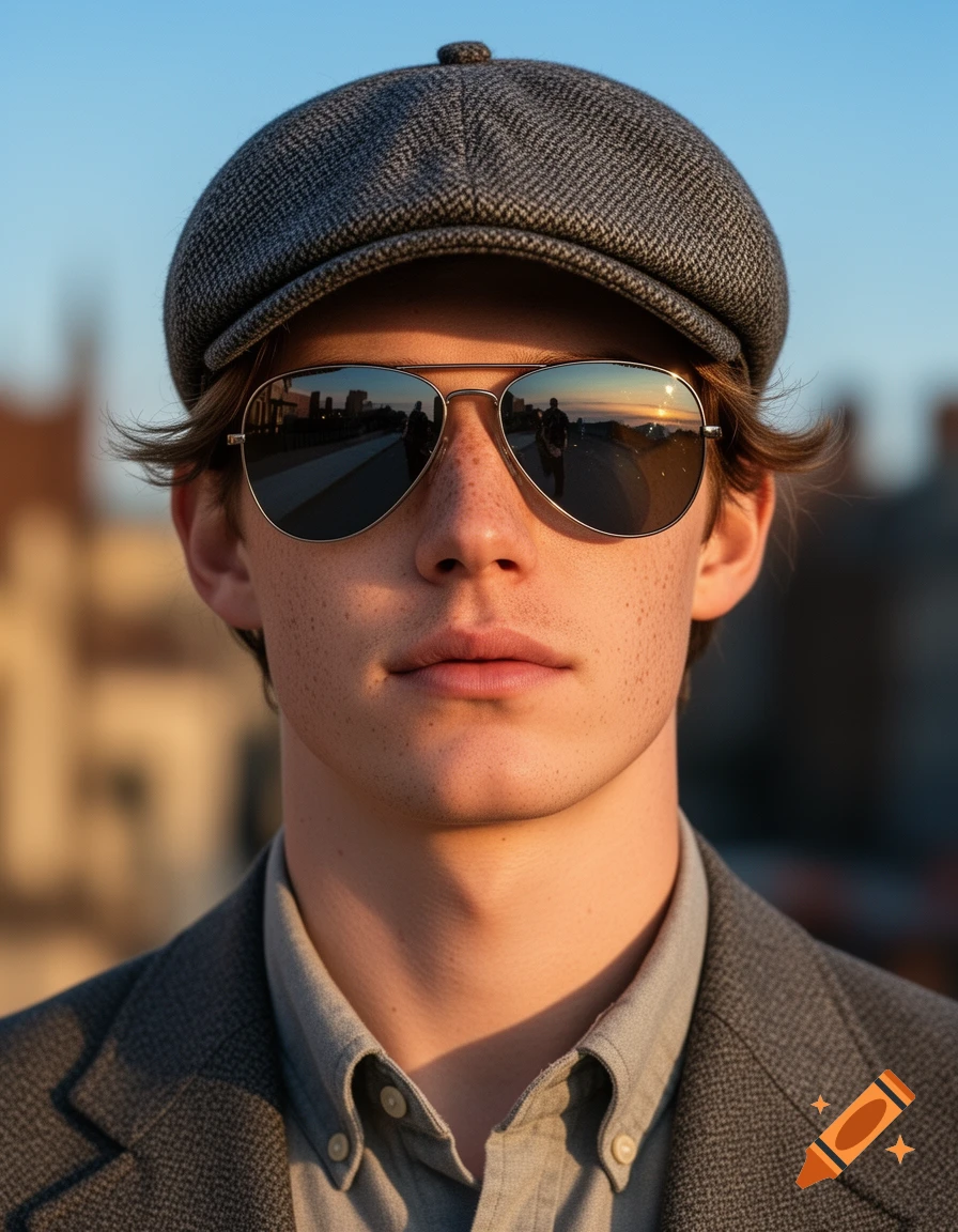 Close-up of a young man with freckles wearing a grey flat cap and aviator sunglasses reflecting a cityscape at sunset, photorealistic.