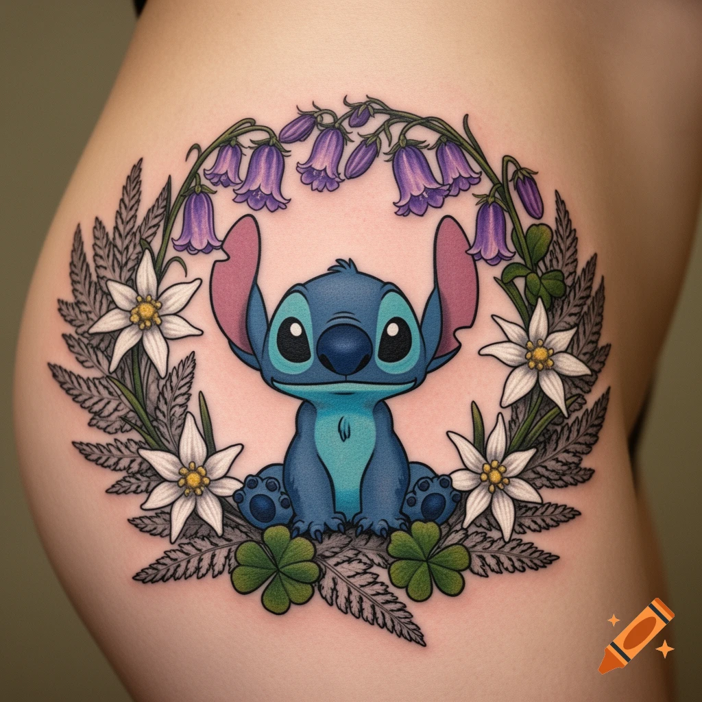A vibrant tattoo of Disney's Stitch surrounded by a wreath of purple harebells, white edelweiss, ferns, and shamrocks on a hip.