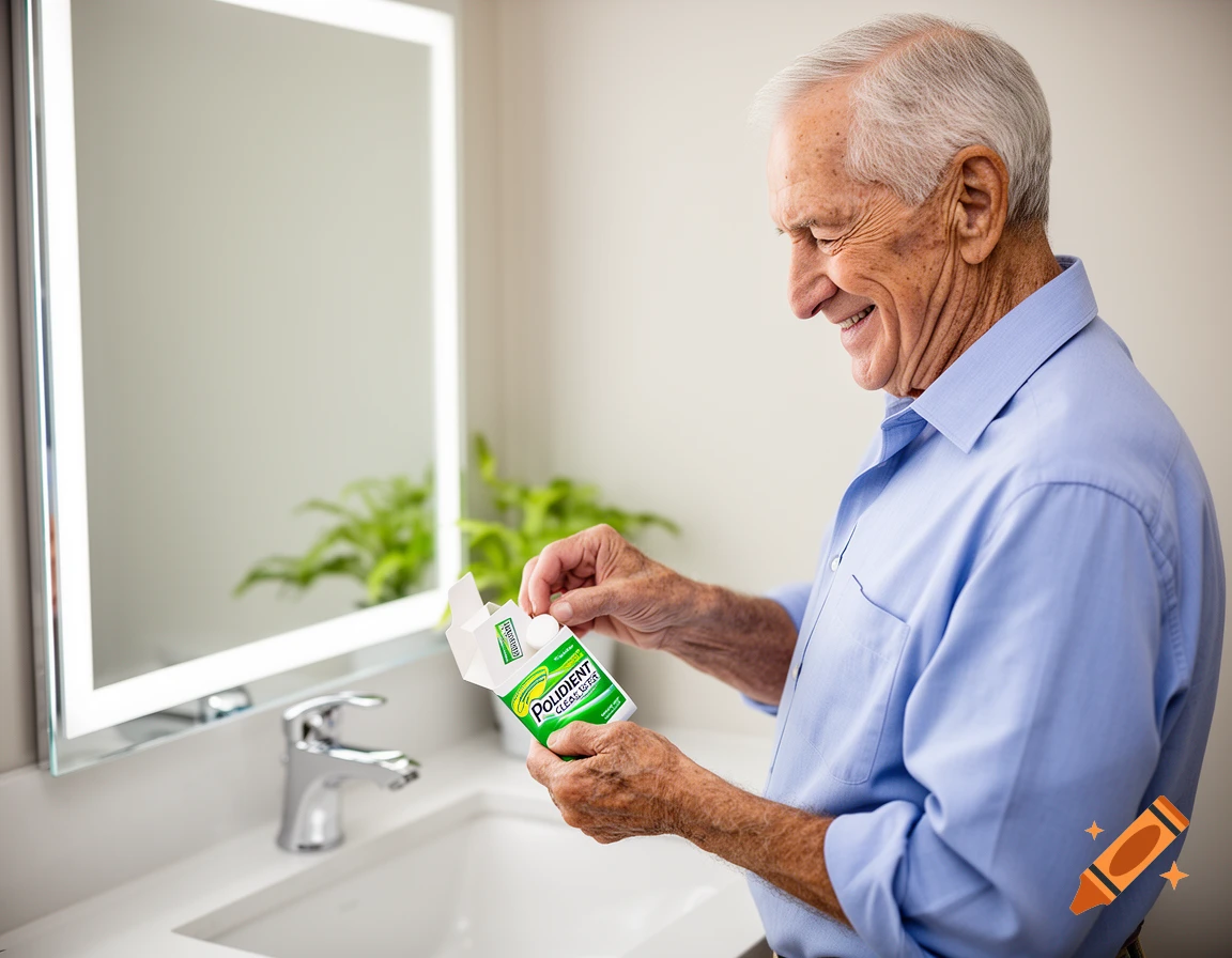 An elderly man smiling while holding a box of Polident denture cleanser in a modern bathroom.