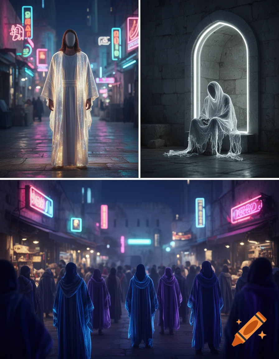 A triptych of three AI-generated images with a neon futuristic aesthetic. Top left: a faceless figure in a glowing white robe stands in a neon-lit street. Top right: a ghostly, robed figure sits within a glowing archway. Bottom: a crowd of faceless, robed figures walk down a neon-lit street.