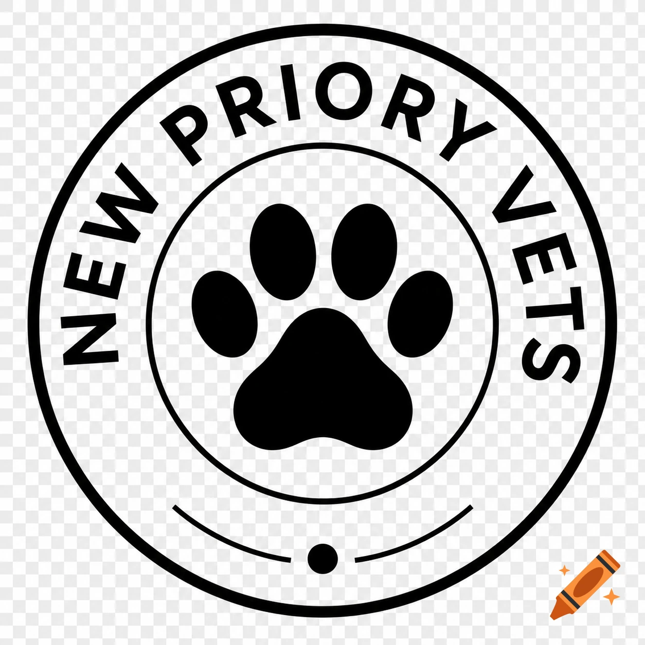 Monochrome circular logo for 'New Priory Vets' featuring a central paw print on a transparent background.