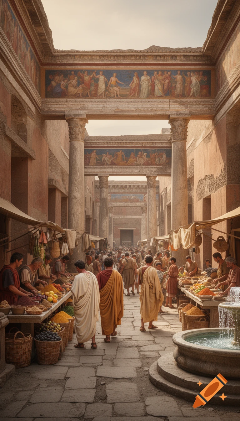 Bustling photorealistic ancient Roman street market in Pompeii with merchants, citizens, market stalls, and frescoes.