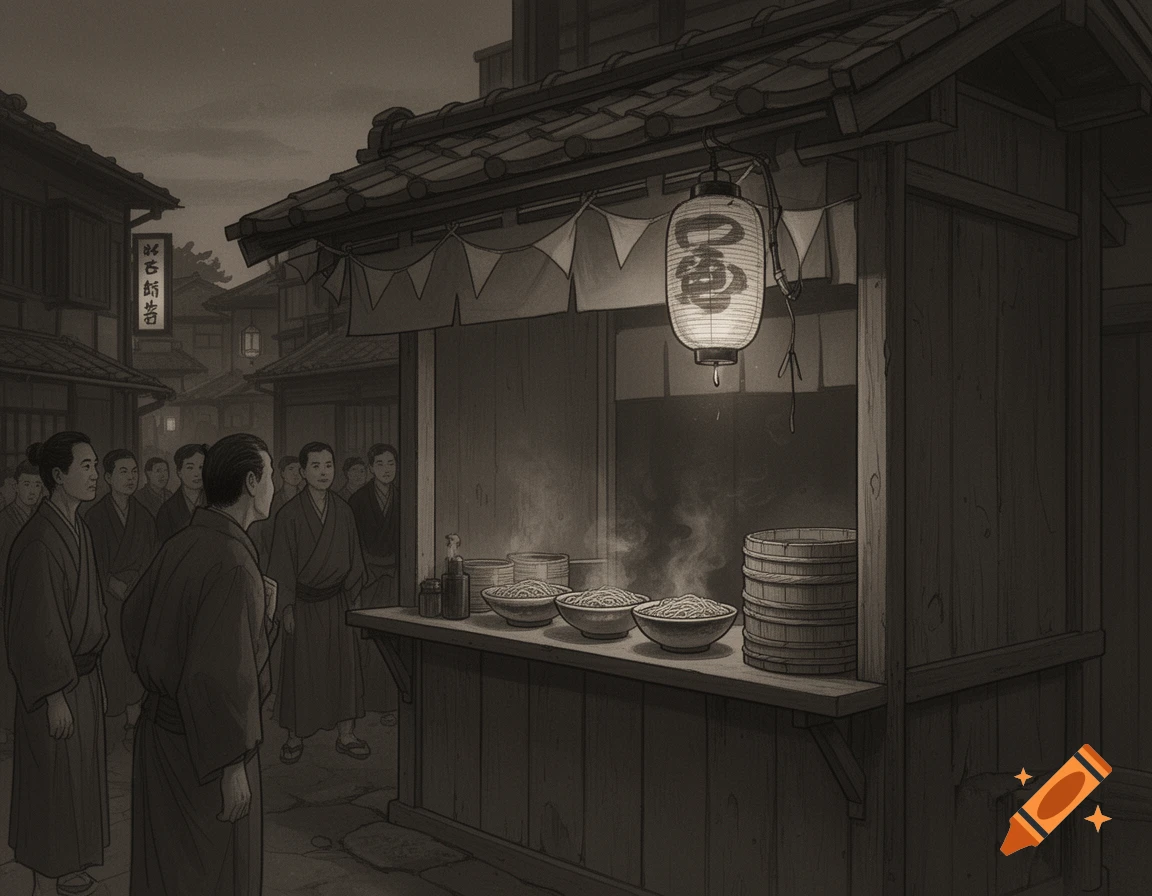 An illustration in shades of grey depicting an Edo period street scene at night. Several men in kimonos stand near a food stall with steaming bowls and a lit lantern.