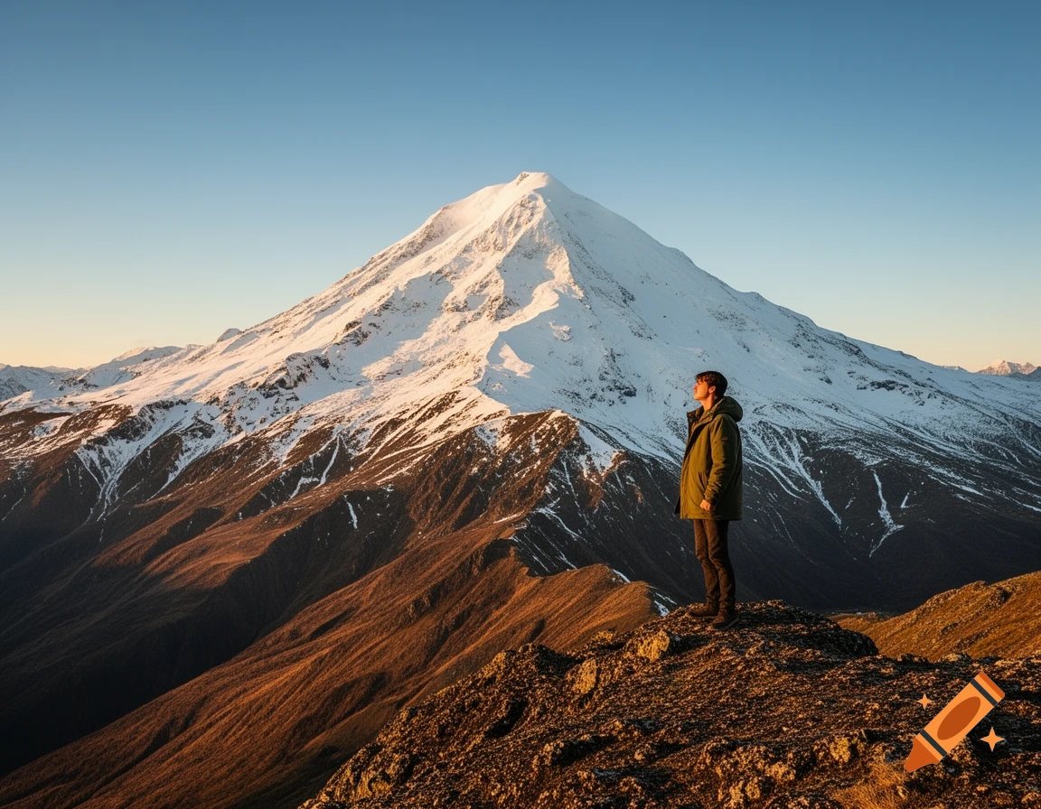 A person stands on a rocky ridge, looking at a vast snow-capped mountain under a clear sky during sunrise.
