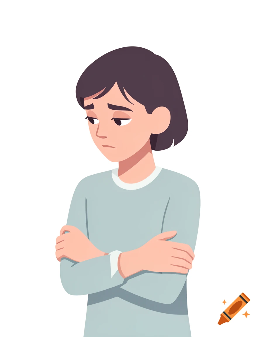 Flat illustration of a sad, shy person with short dark hair, looking down and to the side with crossed arms.