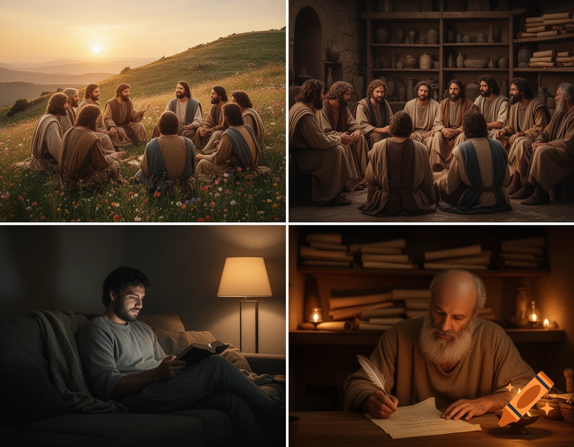 A four-panel image: Jesus and disciples on a grassy hill at sunset, then indoors. A modern man reads a book on a couch at night. An old man with a beard writes on parchment by candlelight.