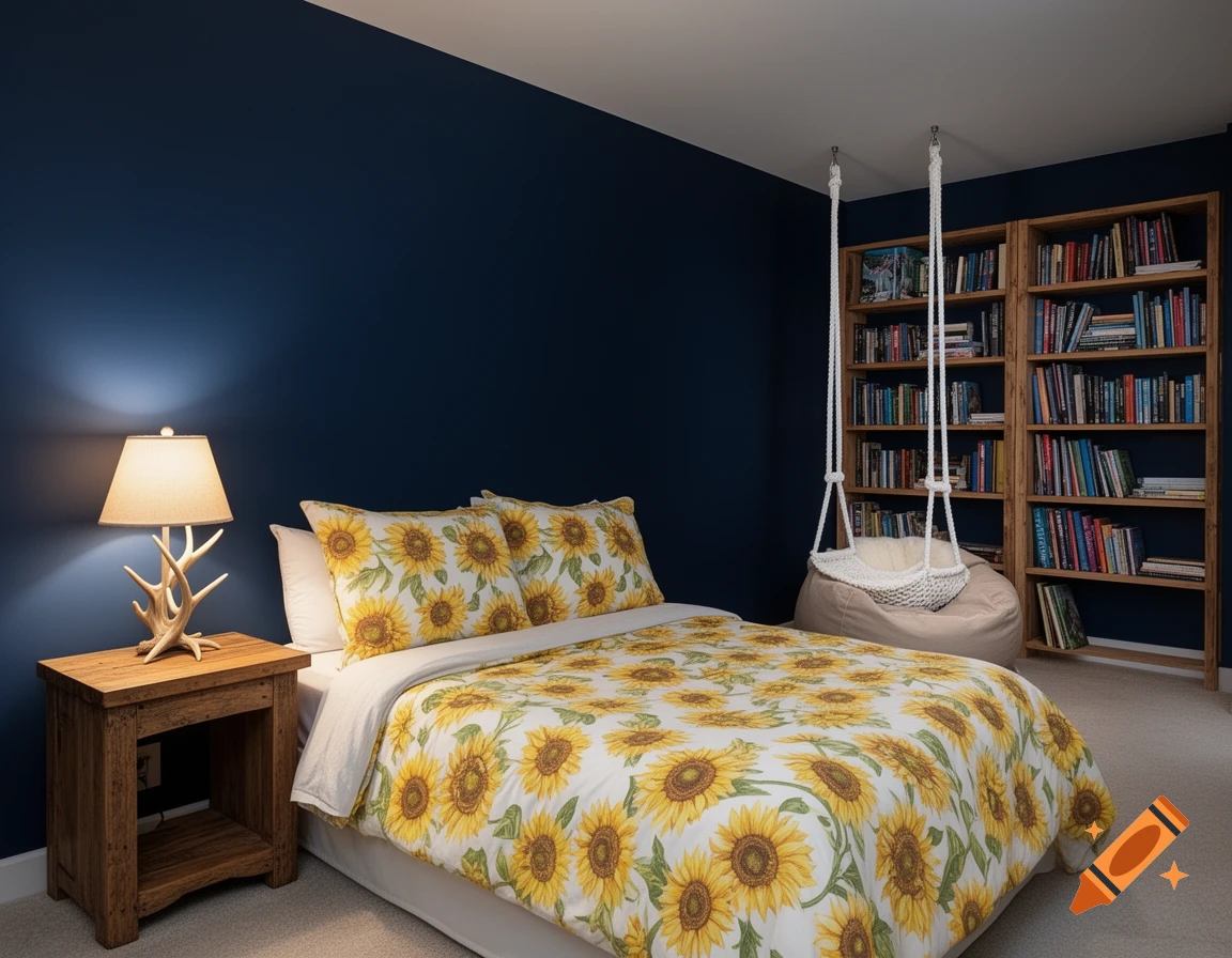 A cozy bedroom with dark blue walls, a bed with a sunflower duvet, a wooden nightstand with an antler lamp, bookshelves, and a hanging swing chair.