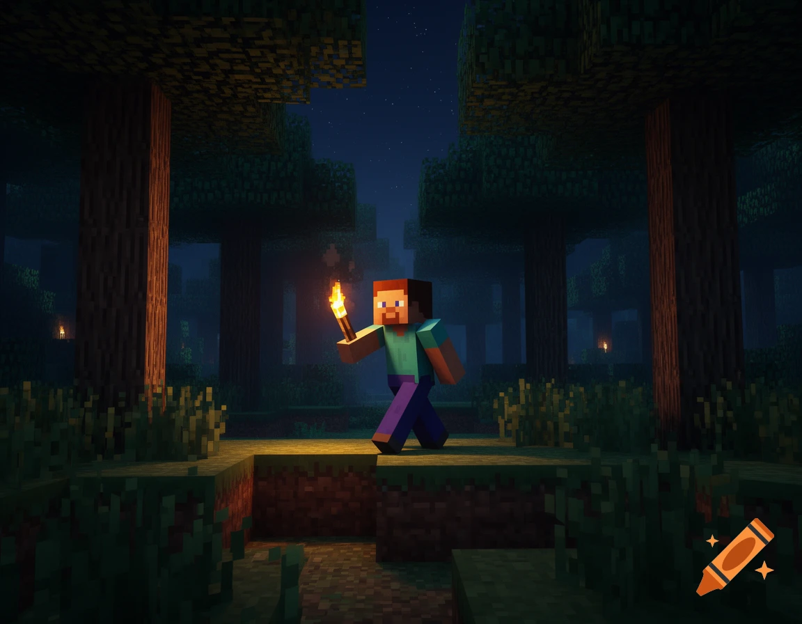 Minecraft Steve holds a lit torch while standing in a dark, blocky forest at night.