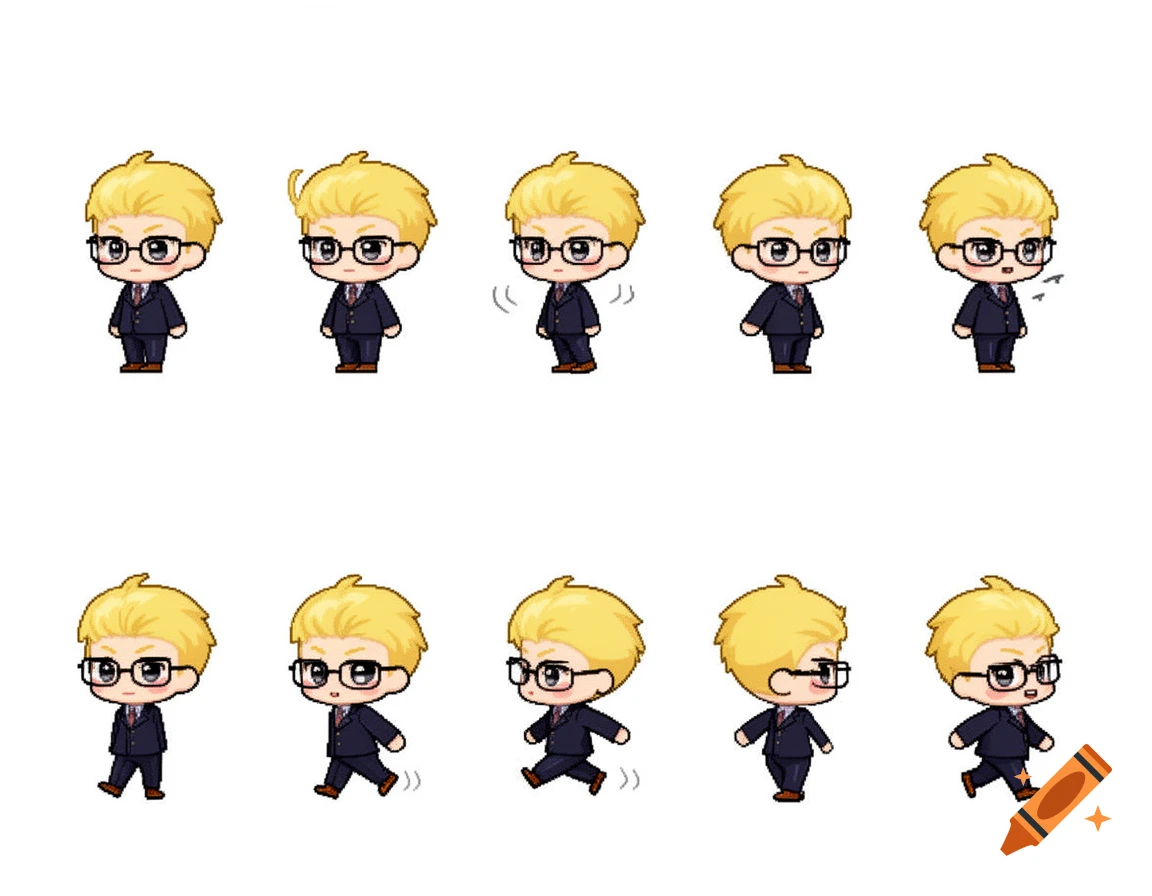 A sprite sheet featuring 10 frames of a blonde-haired, glasses-wearing chibi character in a suit, depicted in various idle and walking poses in pixel art style on a white background.