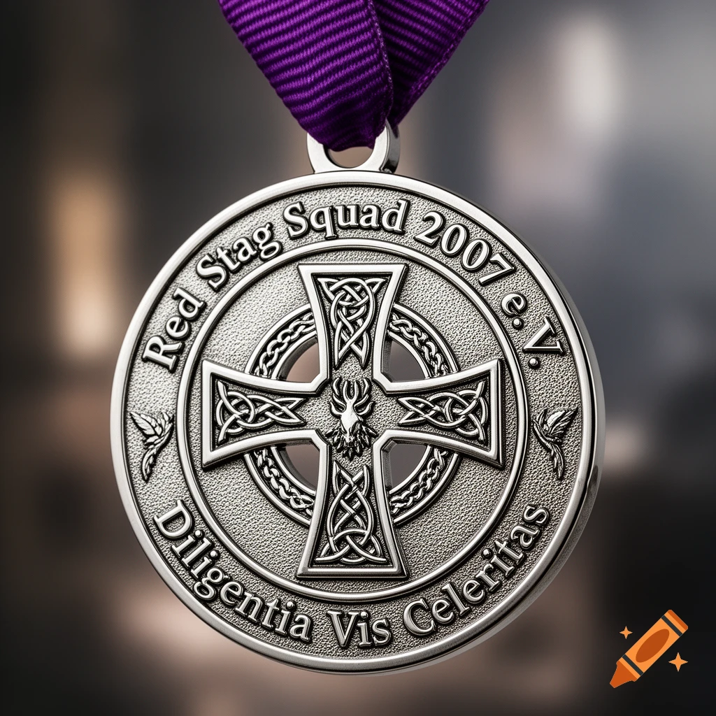 Close-up of a photorealistic silver medal on a purple ribbon, embossed with a Celtic cross, stag head, and text.
