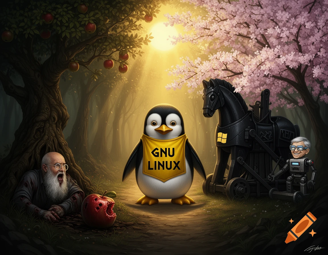 A fantasy scene depicting Tux the Linux penguin in a golden forest, a Windows Trojan Horse with a Bill Gates robot, and a fallen Steve Jobs near a bitten apple.