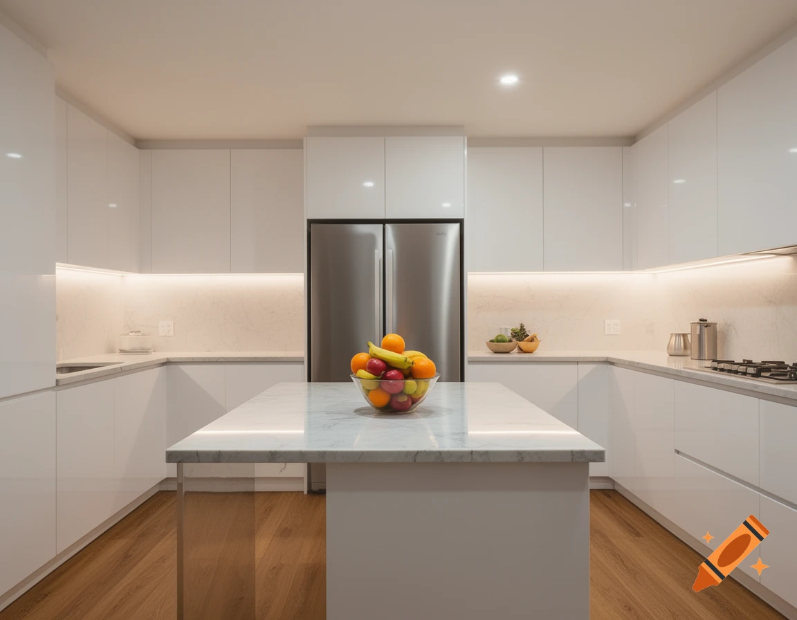 A bright, modern kitchen with white cabinets, a stainless steel refrigerator, and a marble-top island featuring a bowl of fruit.