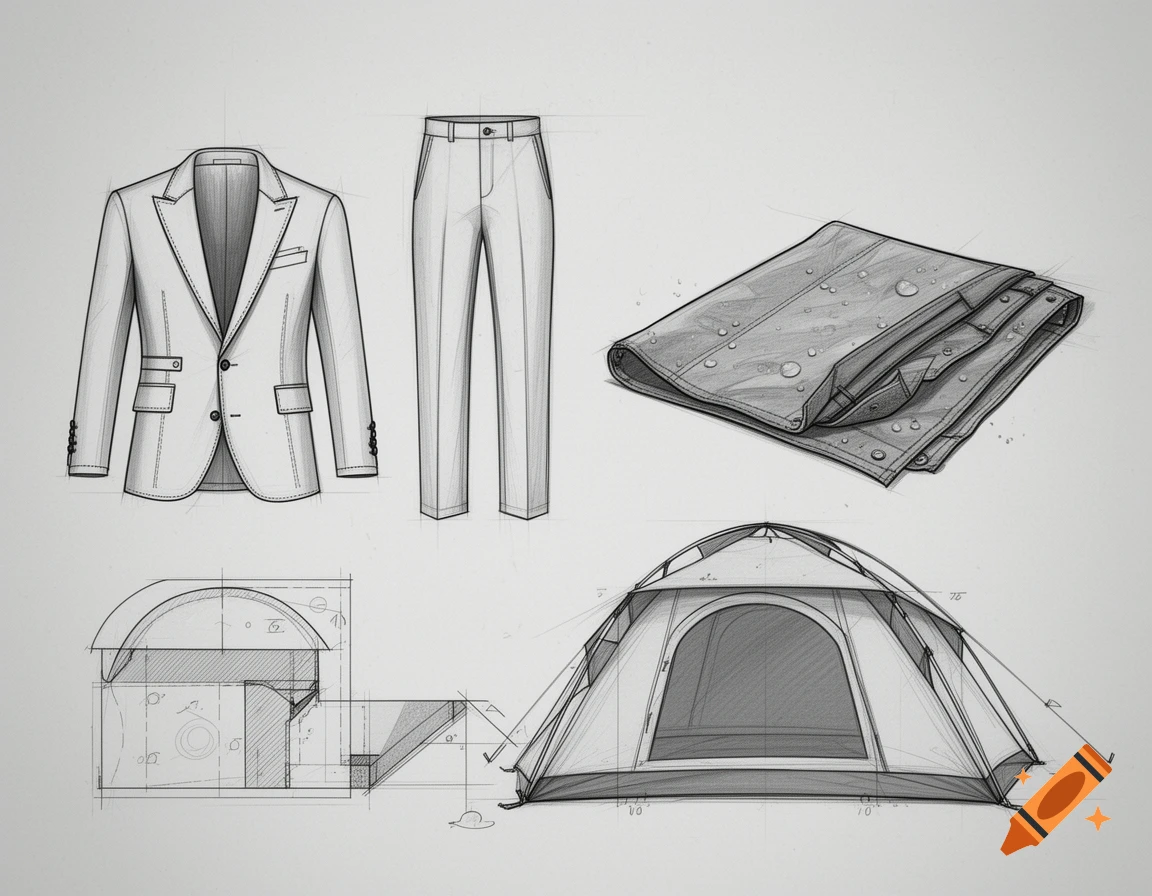 Detailed technical sketches of a suit jacket, trousers, a folded waterproof tarp with water droplets, and a camping tent, all on a light background.