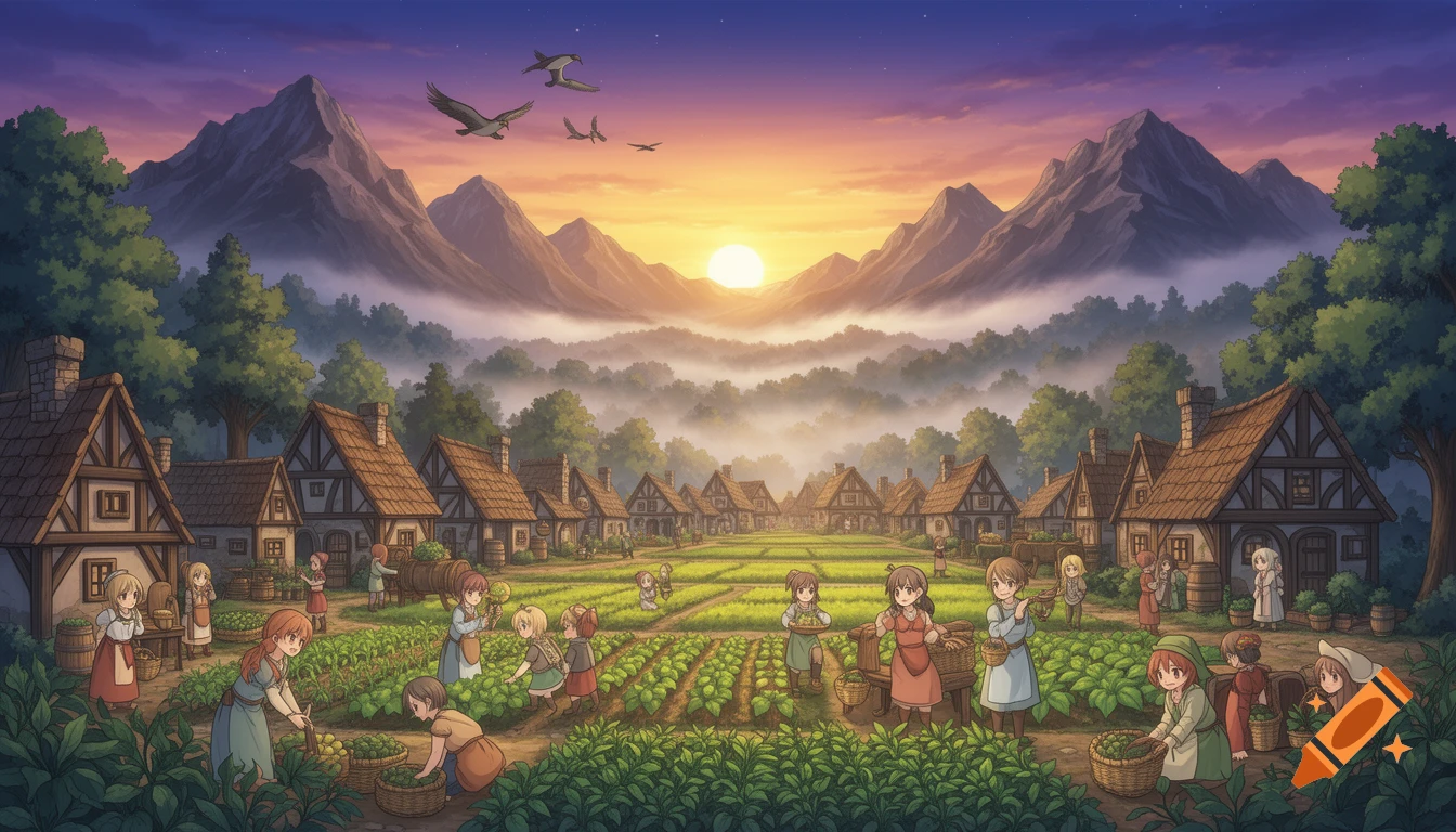Anime fantasy landscape of a medieval village with villagers working in fields, surrounded by mountains and forests at sunrise.