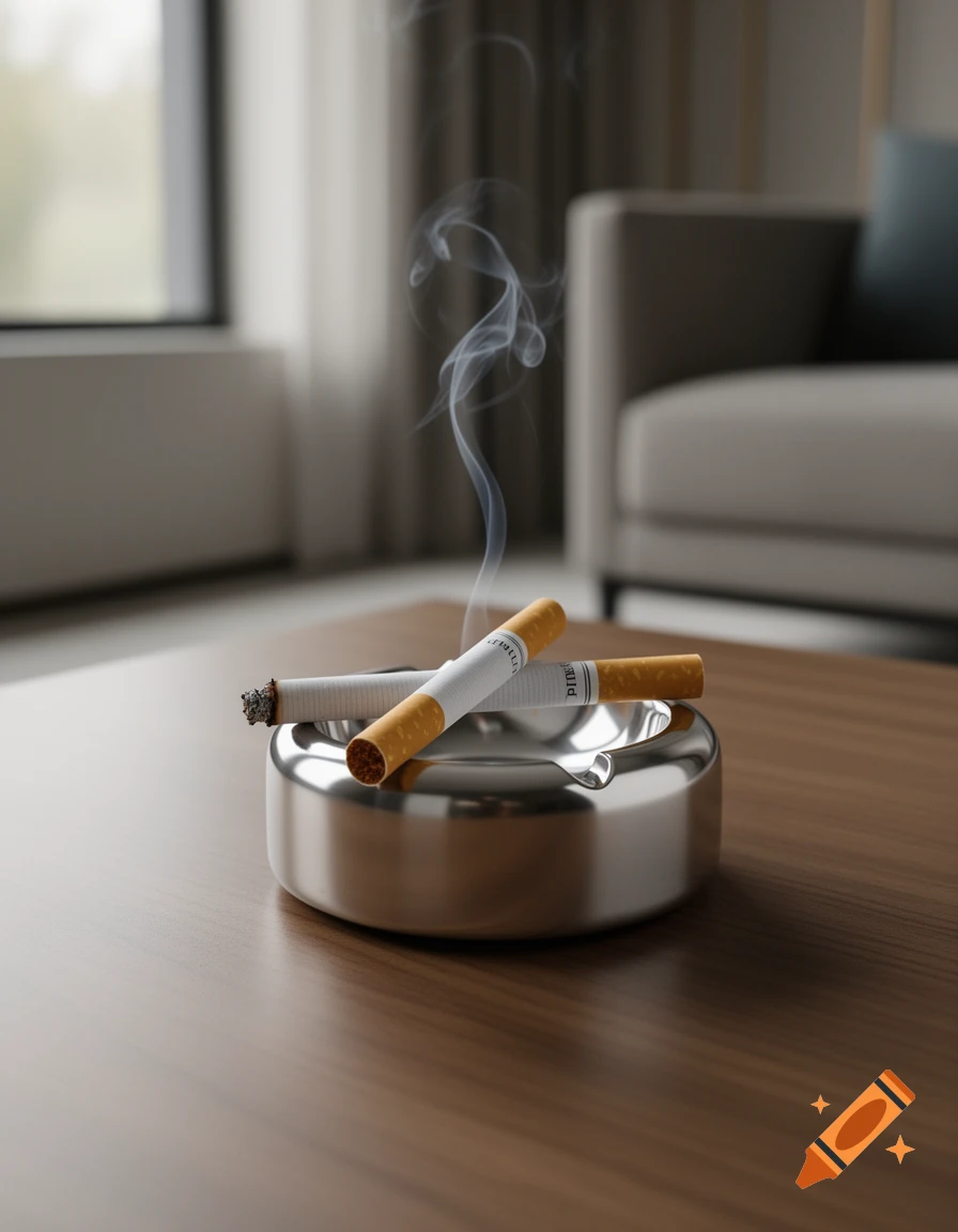 A photorealistic image of two cigarettes in a silver ashtray on a wooden table, one lit with smoke curling upwards in a modern room.