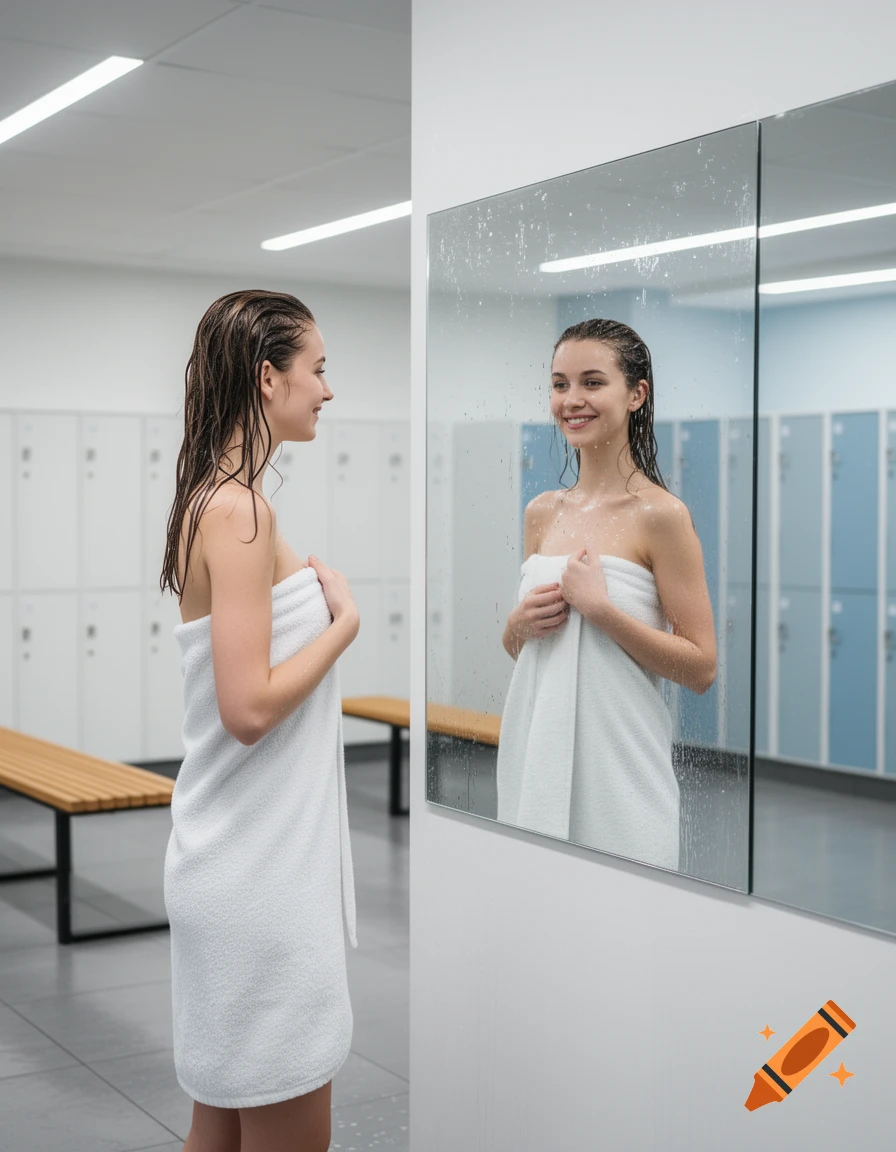 Woman with wet hair wrapped in a white towel looking at her reflection in a steamy locker room mirror.