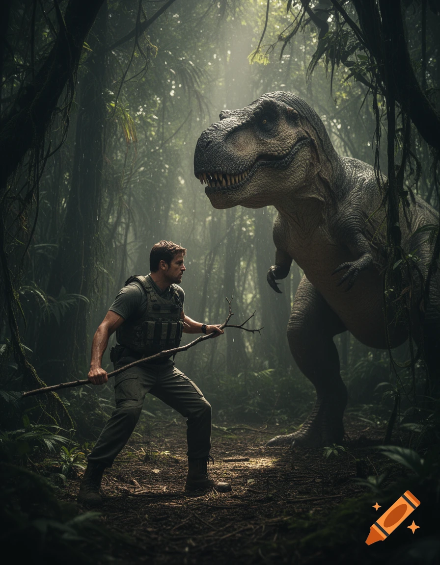 A man with a stick confronts a large Tyrannosaurus Rex in a misty, dense jungle, cinematic style.