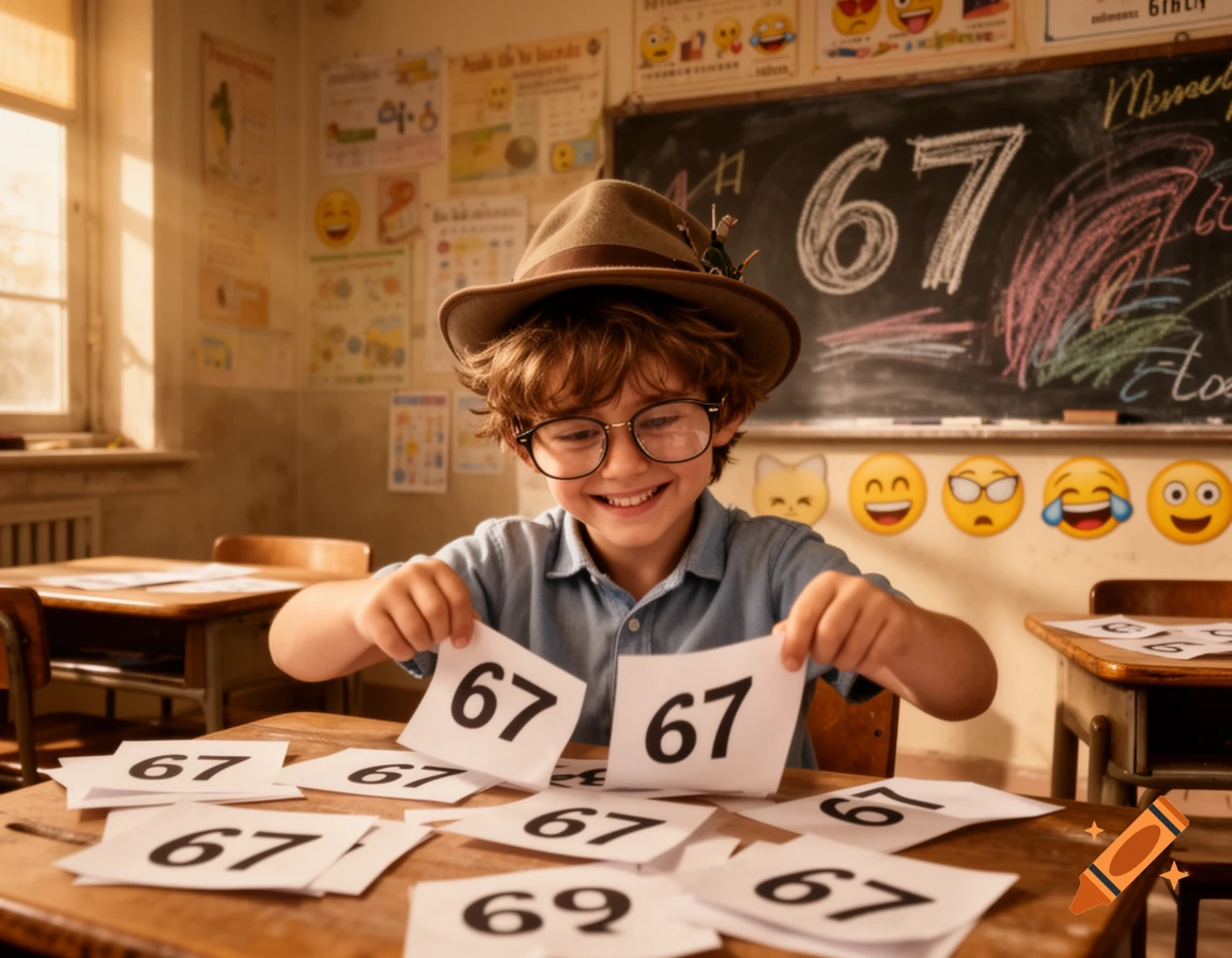A smiling boy in a hat and glasses sits at a school desk, holding up papers with the number 67. Other papers with numbers are scattered on the desk, and a blackboard with "67" is in the background, along with emoji posters.