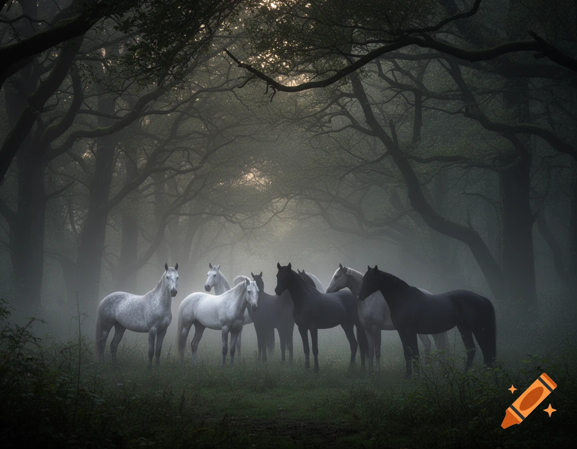 A group of white and dark horses stand in a misty, dark forest with intertwined tree branches overhead. Photorealistic.
