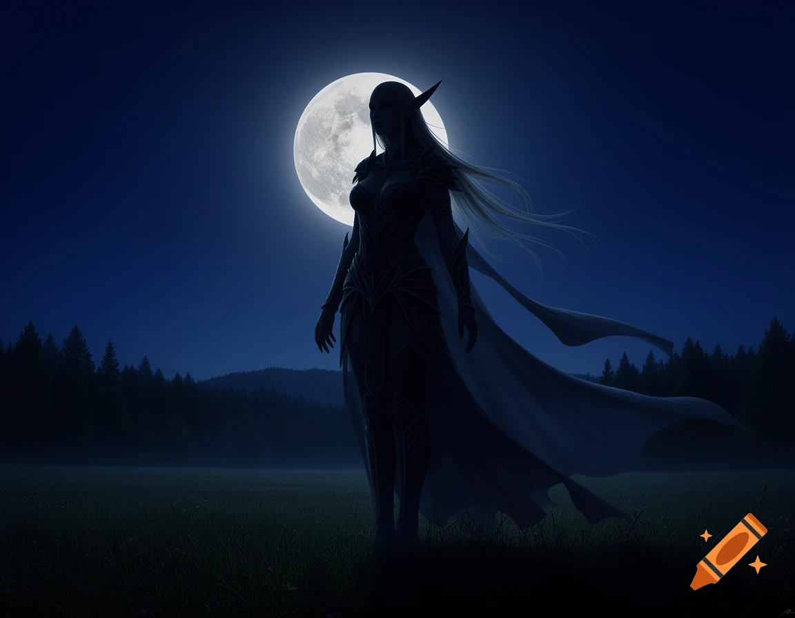 Silhouette of an elf warrior woman standing in a moonlit field with a forest in the background, digital art.
