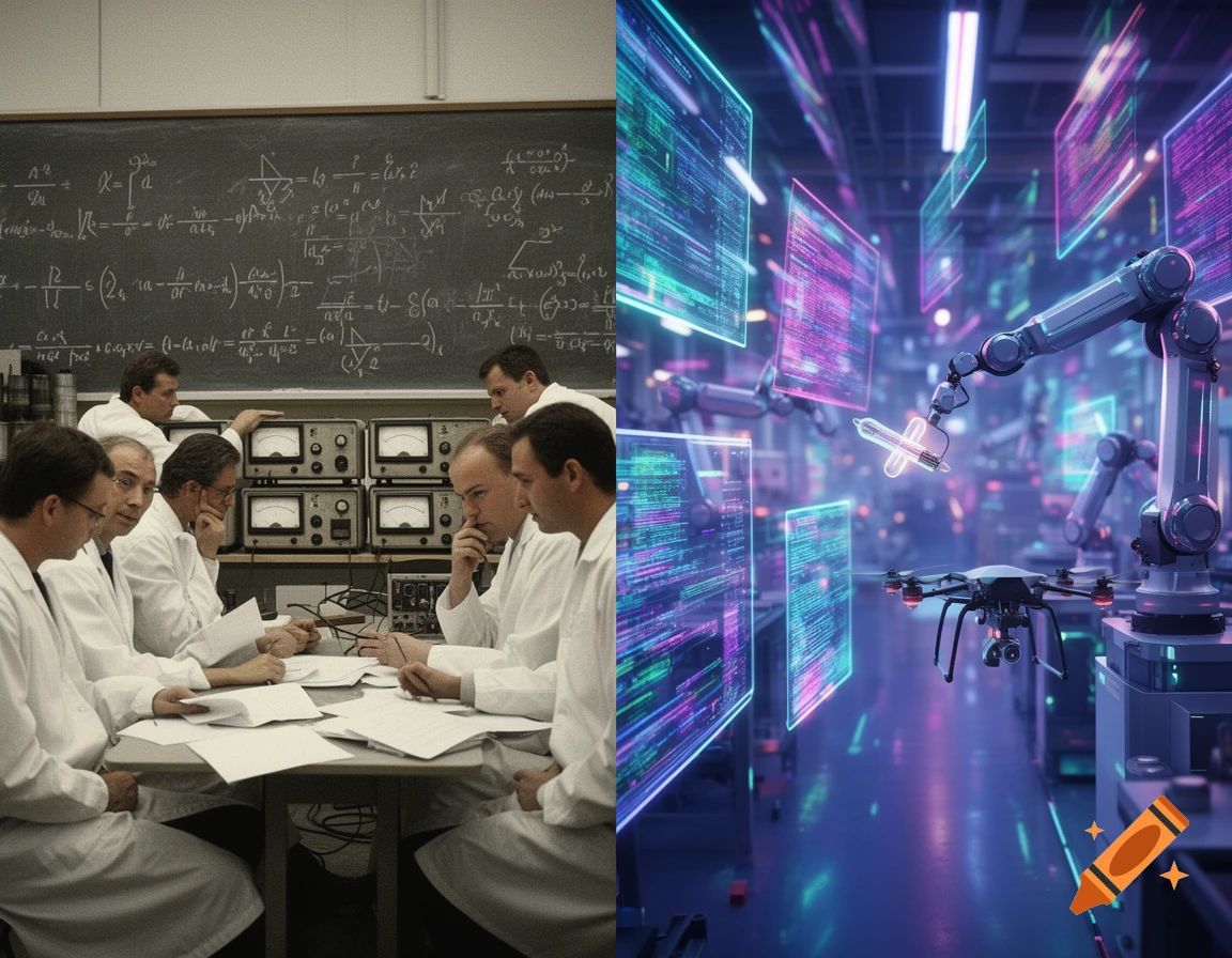 Split image showing a 1980s factory on the left with scientists and a blackboard, and a futuristic factory on the right with robots, drones, and data streams.