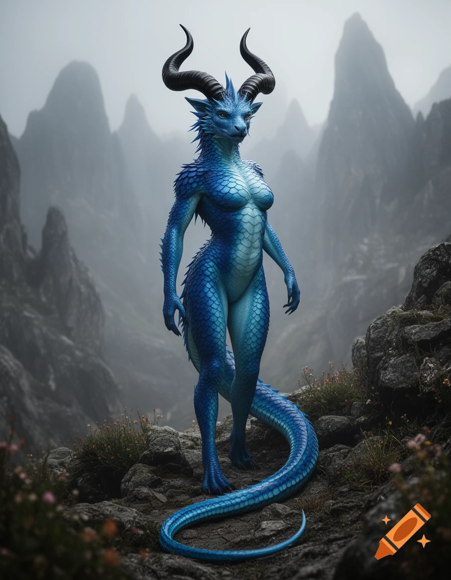 A blue scaly anthropomorphic dragon creature with horns and a tail stands on a rocky mountain path in a misty landscape.