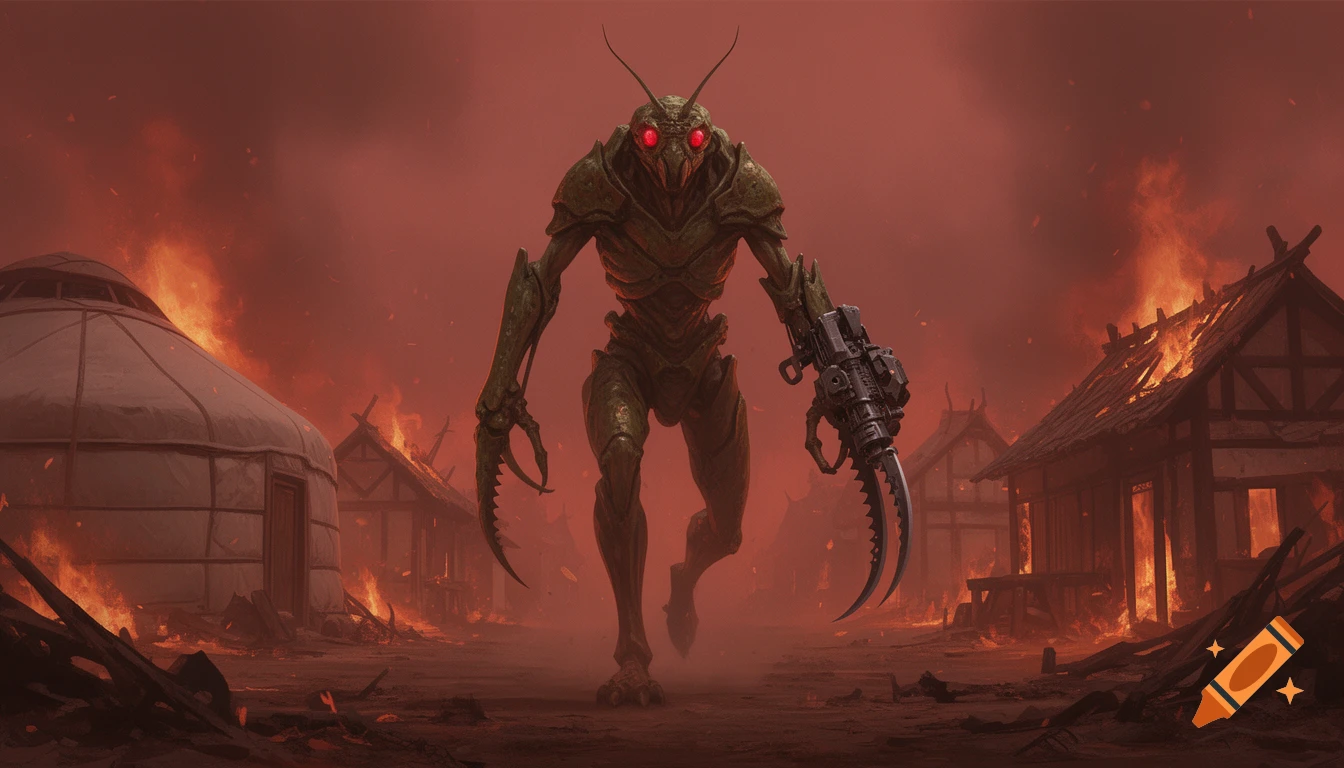 A bipedal mantis alien with a mechanical weapon marches through a burning village with red smoke, in a gritty sci-fi concept art style.