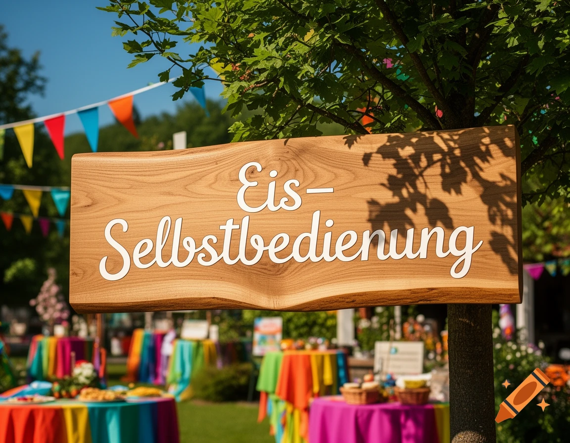 A wooden 'Eis - Selbstbedienung' sign at a sunny outdoor party with colorful tables and bunting.