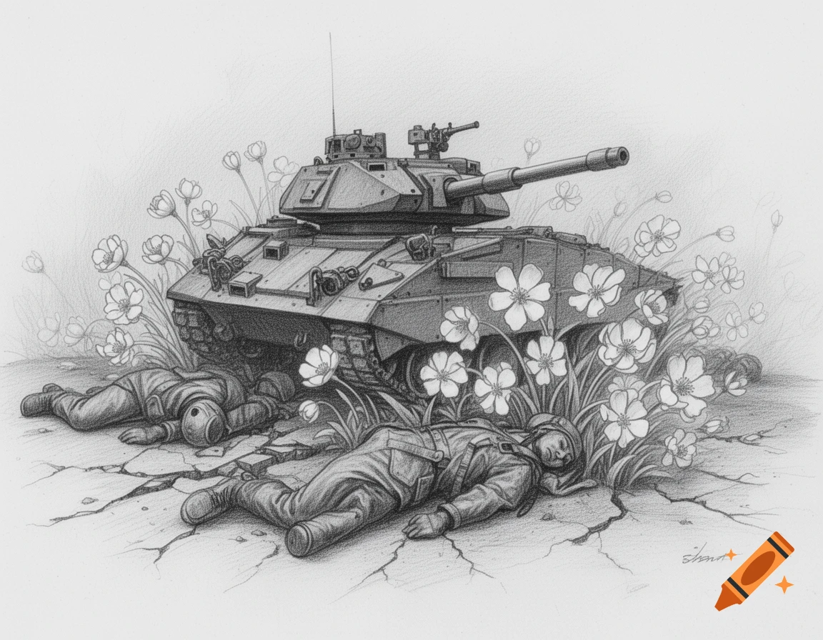 Pencil drawing of an M50 Ontos tank surrounded by blooming white flowers, with two fallen soldiers lying on cracked ground.
