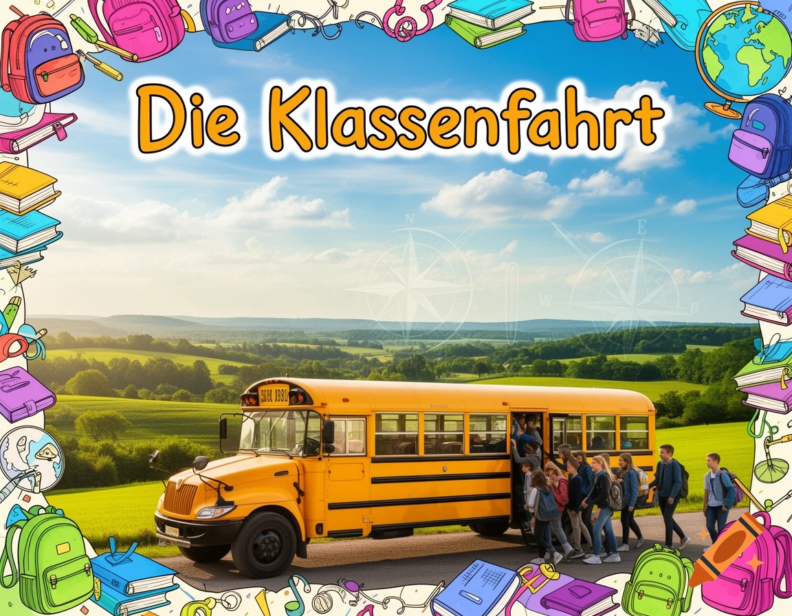 Cartoon border of school supplies framing a photorealistic image of a yellow school bus on a road with children boarding, text "Die Klassenfahrt".