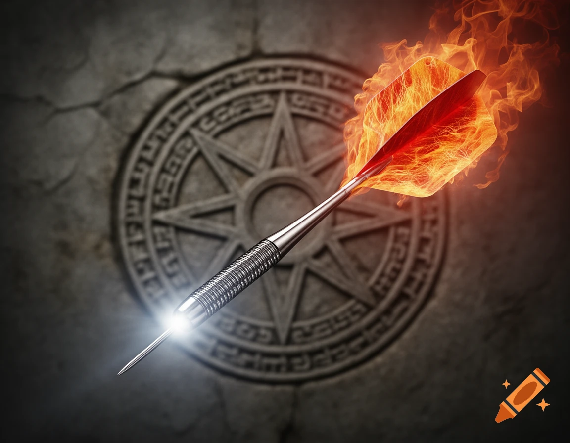 A close-up, realistic shot of a steel dart with a bright glowing tip and a burning flight, set against a dark, stone-carved circular symbol in the background.