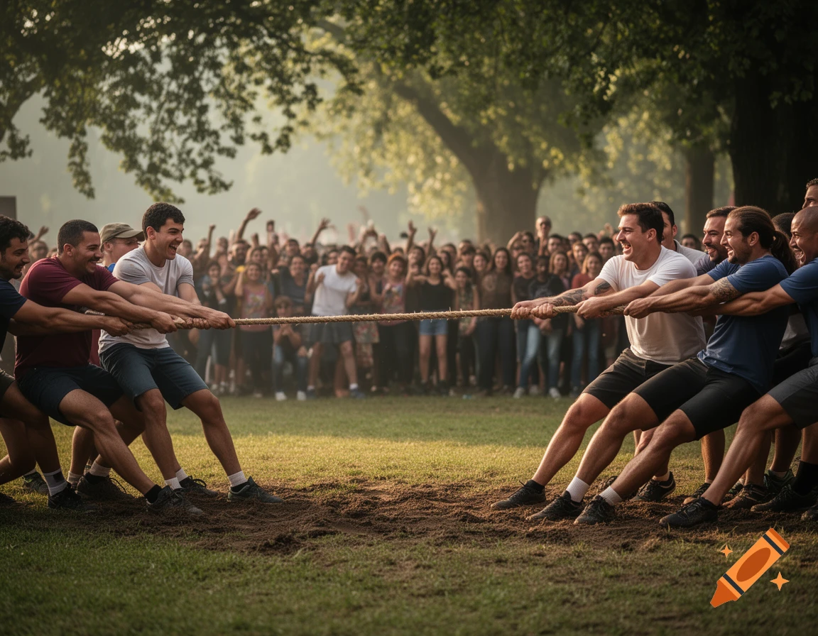 Men in two teams pull a thick rope in a tug-of-war game on a grassy field, cheered on by a blurred crowd in the background.