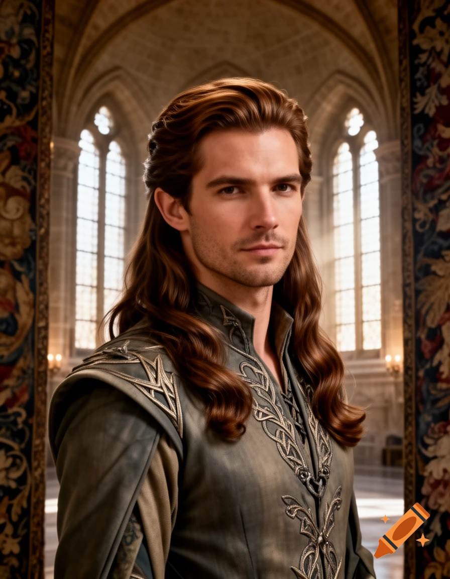 Photorealistic portrait of a man with long brown hair in a grey fantasy tunic with silver embroidery, standing in a grand hall.