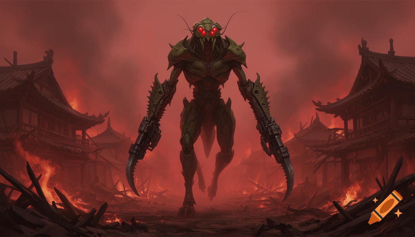 A massive green-brown bipedal mantis alien with red eyes and mechanical scythe-blaster arms marches through a burning village under a thick red sky.