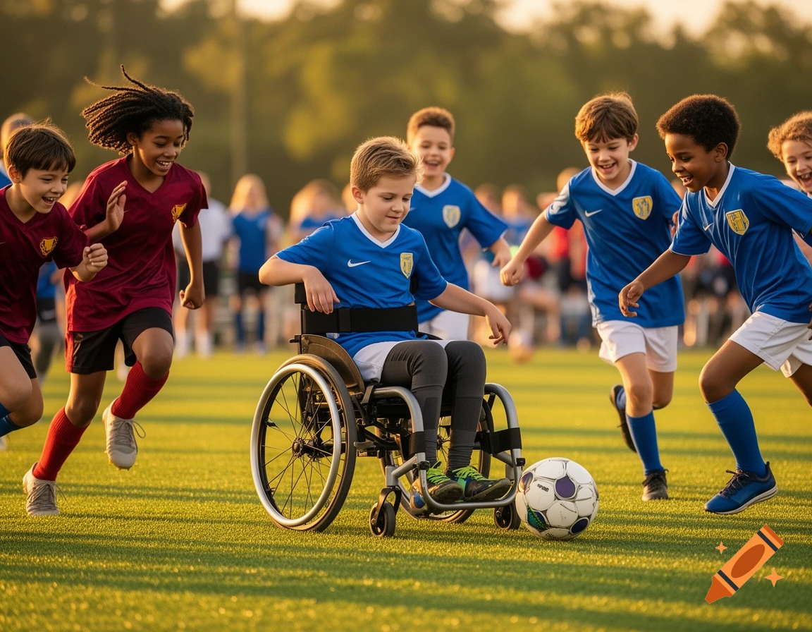 Several smiling young boys play soccer on a green field at sunset, including one boy in a wheelchair.