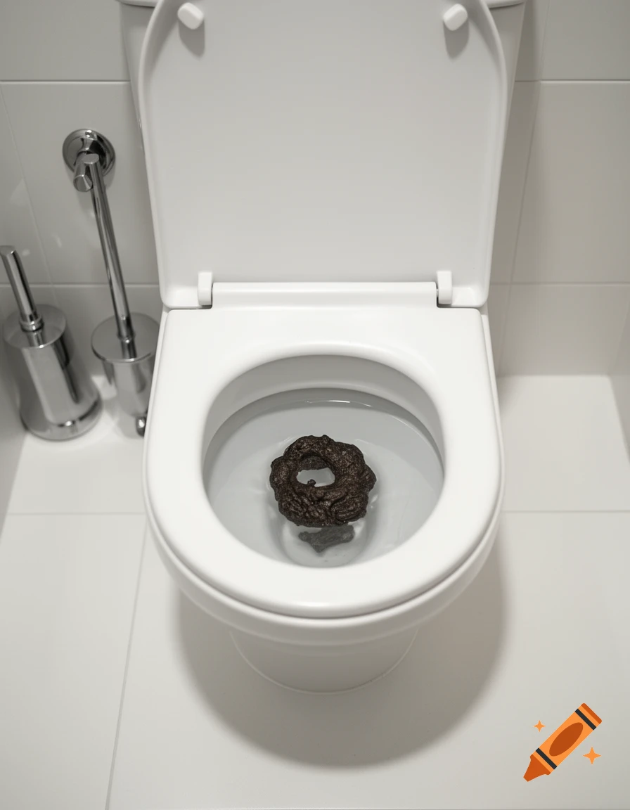 A dark, feces-like object floats in the water of a clean white toilet.