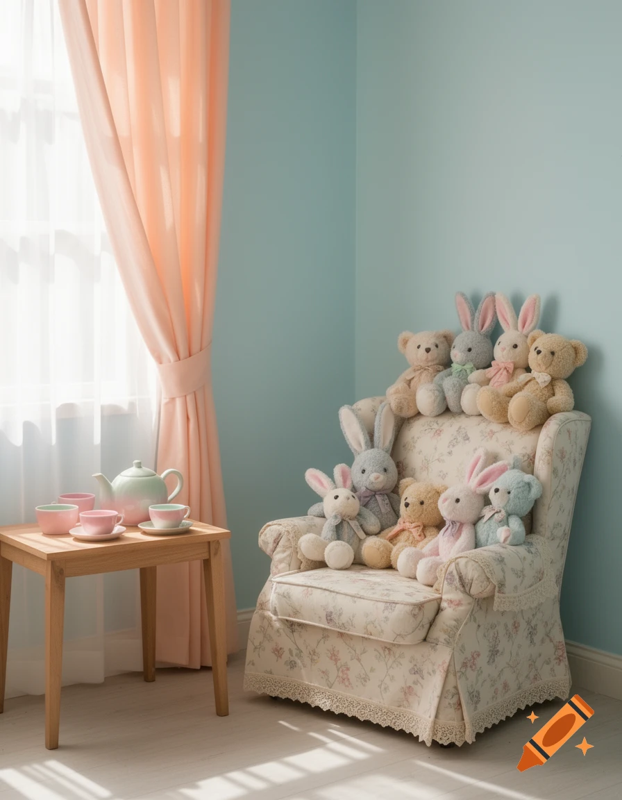 Pastel stuffed bunnies and bears on a floral armchair next to a table with a teaset in a soft blue room.