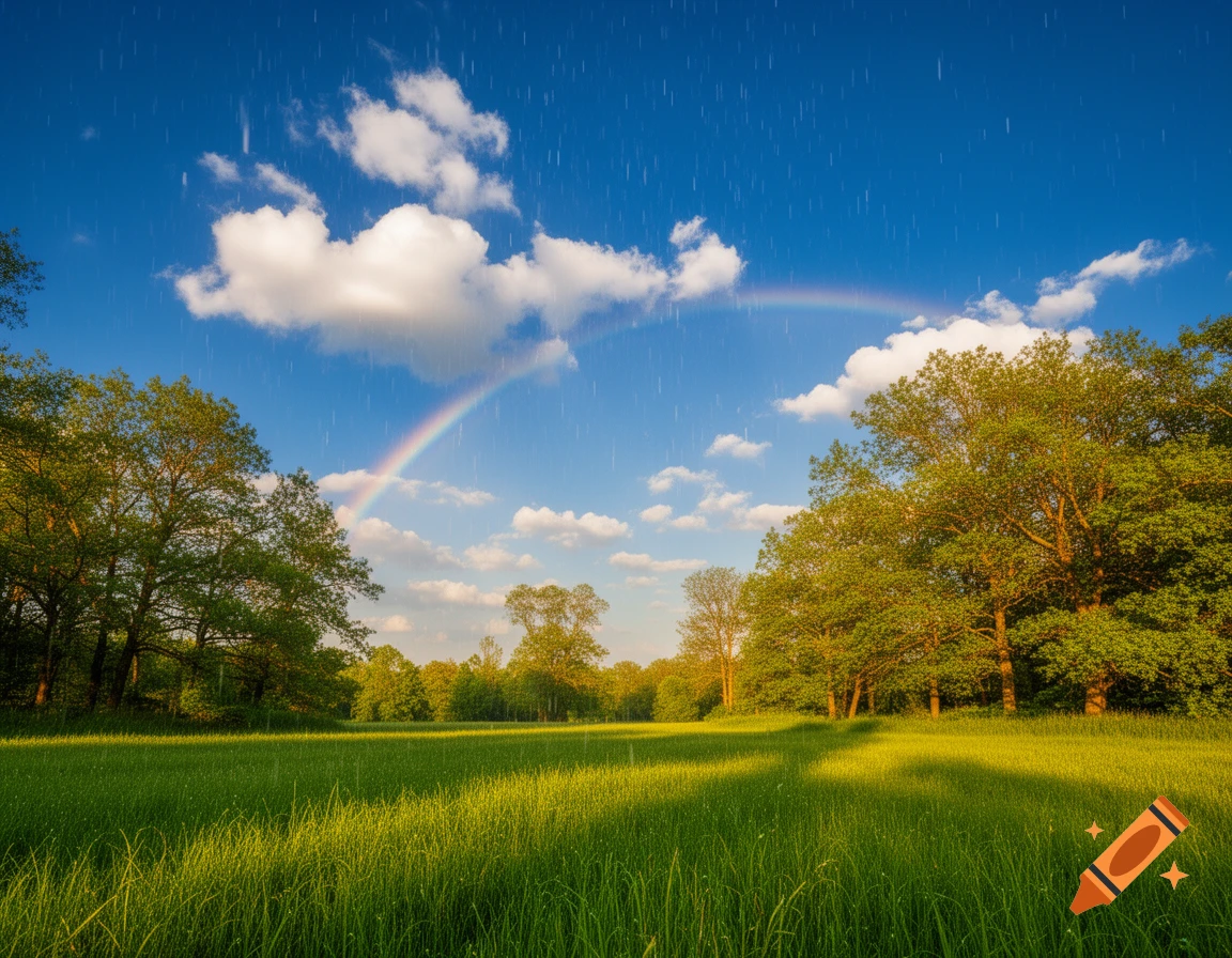 Photorealistic image of a lush green meadow and trees during a sunlit rain shower, with a faint rainbow under a blue sky.