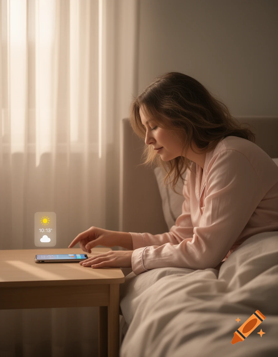A woman in pajamas checks her smartphone for time and weather from her bed in soft morning light.