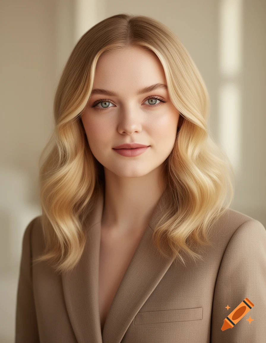 Photorealistic portrait of a young woman with blonde wavy hair, blue eyes, wearing a brown blazer.