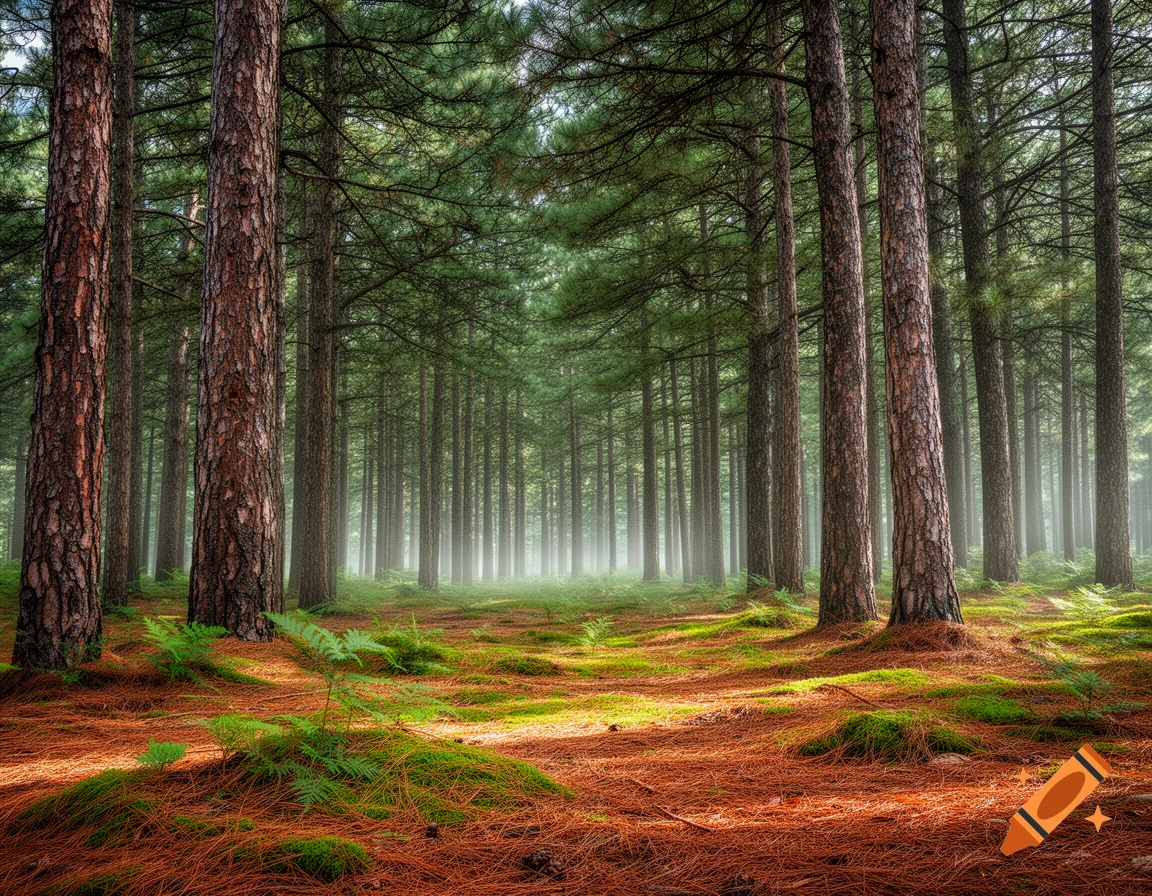 Photorealistic image of a dense pine forest with tall trees, a ground covered in brown pine needles and green moss, and a misty background.