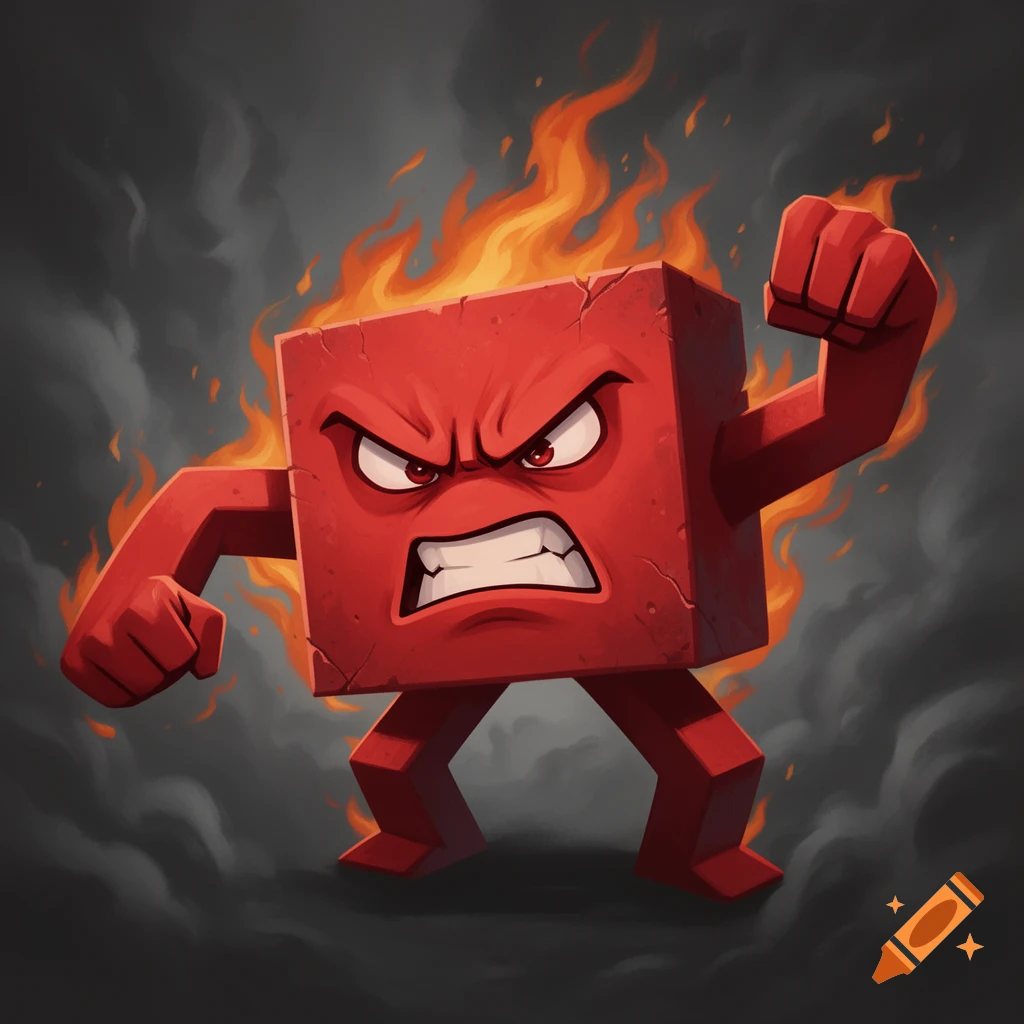 A cartoon red block character with an angry face, arms, and legs, surrounded by orange flames and dark smoke.