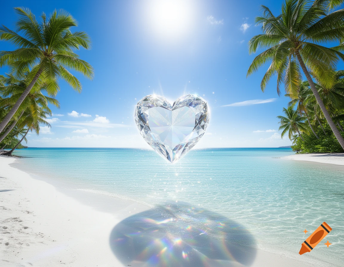 A shimmering crystal heart floats over turquoise water on a sunny white sand tropical beach with palm trees.
