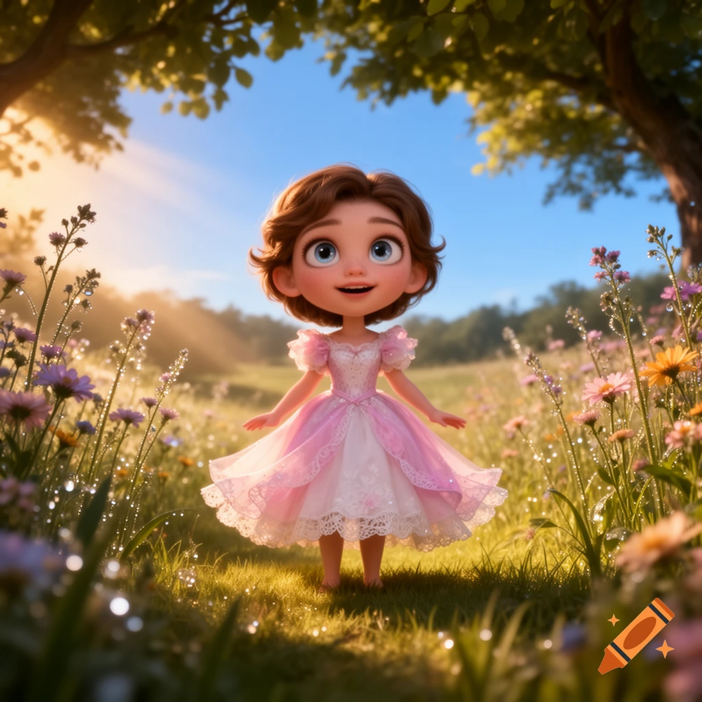 A cute cartoon girl in a pink dress stands smiling in a sunny, dew-kissed meadow filled with colorful wildflowers and trees.