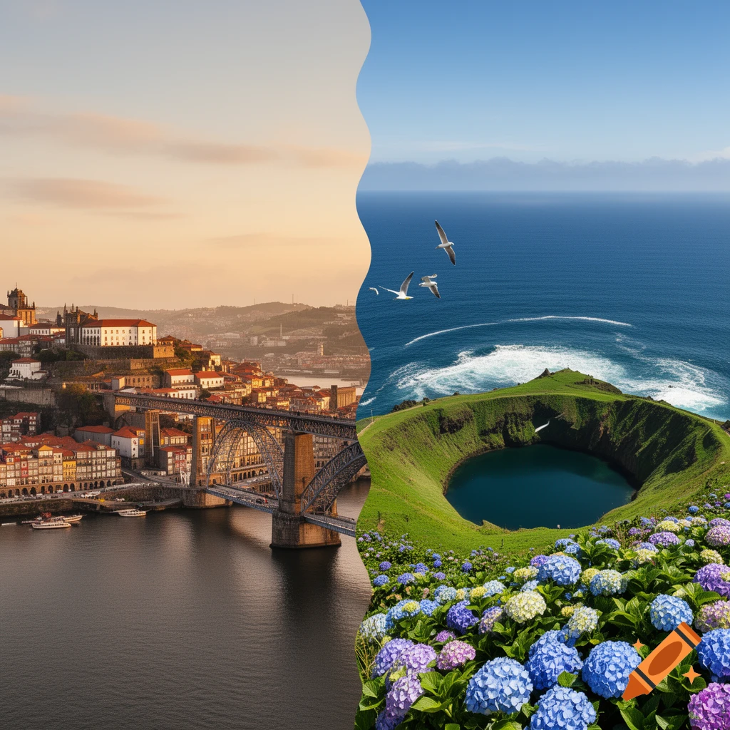 A split image showing Porto, Portugal with its iconic bridge and colorful buildings on the left, and a volcanic crater lake with hydrangeas and the Atlantic Ocean in the Azores on the right.